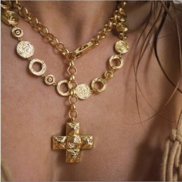 Athena Galore Jewelry - Vintage Inspired Punk Swirl Cross Pendant Chain Gold Necklace